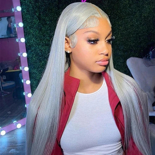 Brazilian Straight Silver Grey Lace Front Human Hair Wigs 180% Density