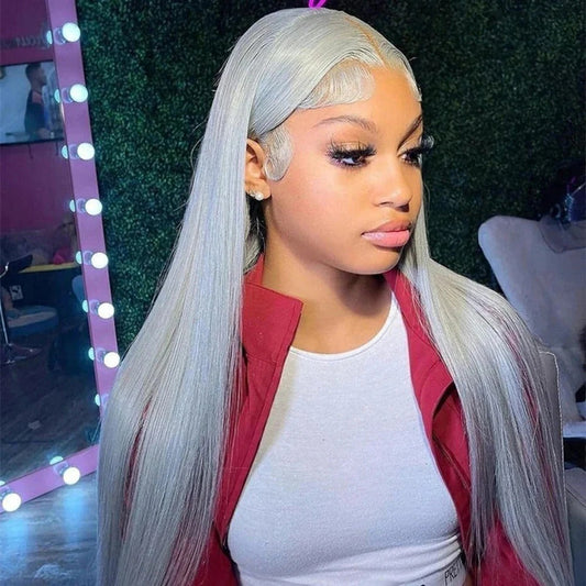 Brazilian Straight Silver Grey Lace Front Human Hair Wigs 180% Density