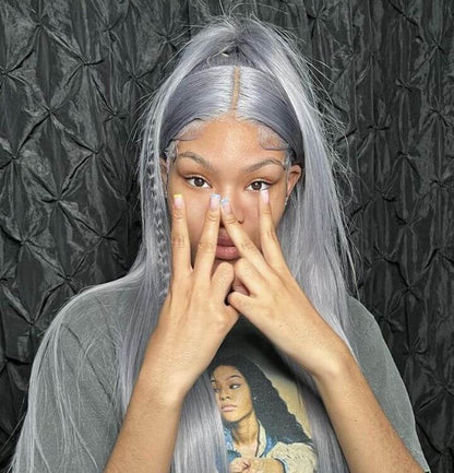 Brazilian Straight Silver Grey Lace Front Human Hair Wigs 180% Density