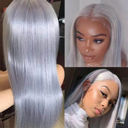 Brazilian Straight Silver Grey Lace Front Human Hair Wigs 180% Density