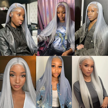 Brazilian Straight Silver Grey Lace Front Human Hair Wigs 180% Density